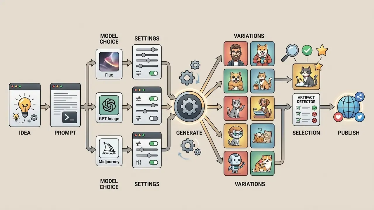 Diagram mapping the workflow from initial idea and prompt to model selection, generation, and publishing