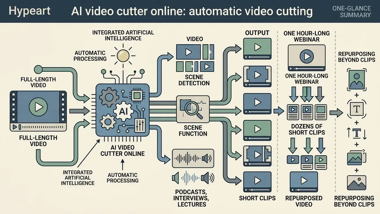 Infographic showing AI processing full-length videos into short clips through scene detection and analysis