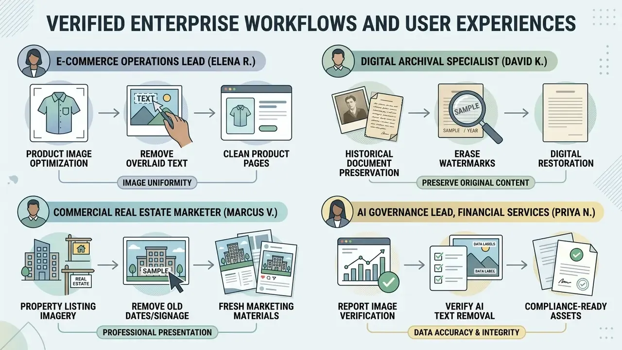 Four professional personas illustrating specific use cases for AI to remove text from image files