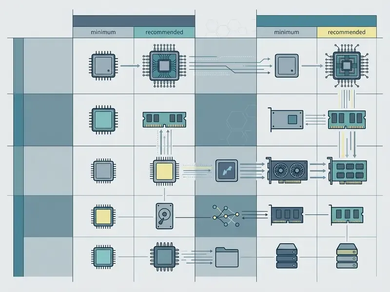 Grid chart comparing minimum and recommended computer hardware components for video editing software