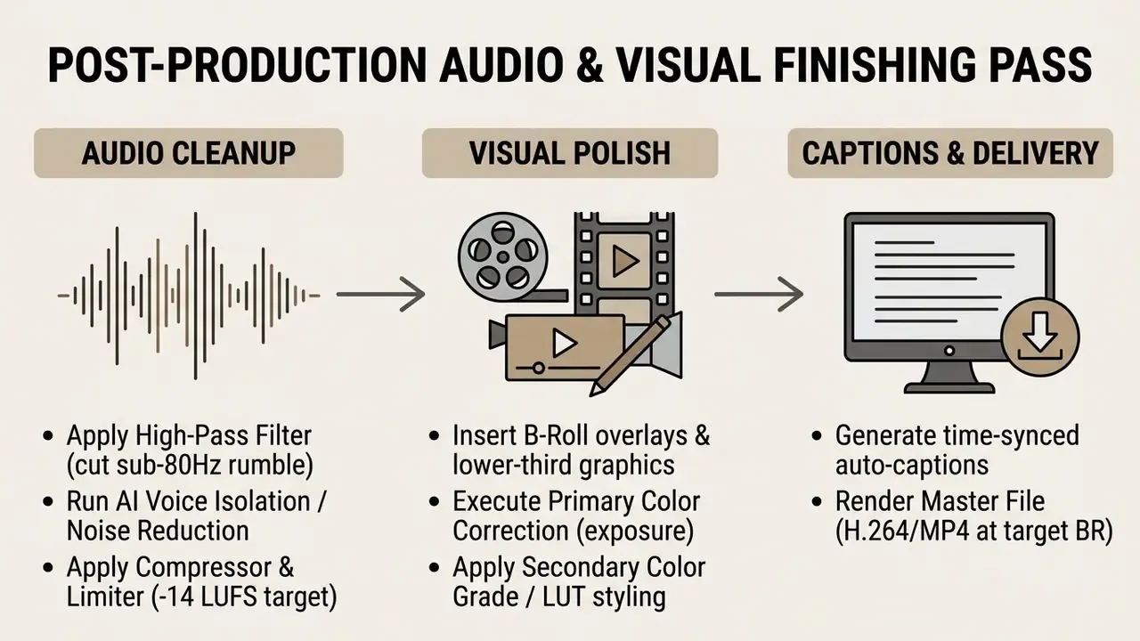Three-step workflow diagram showing audio cleanup, visual polish, and final captioning and delivery tasks