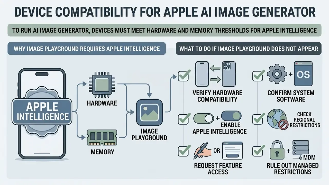 Checklist showing hardware and software requirements for running Image Playground on mobile devices