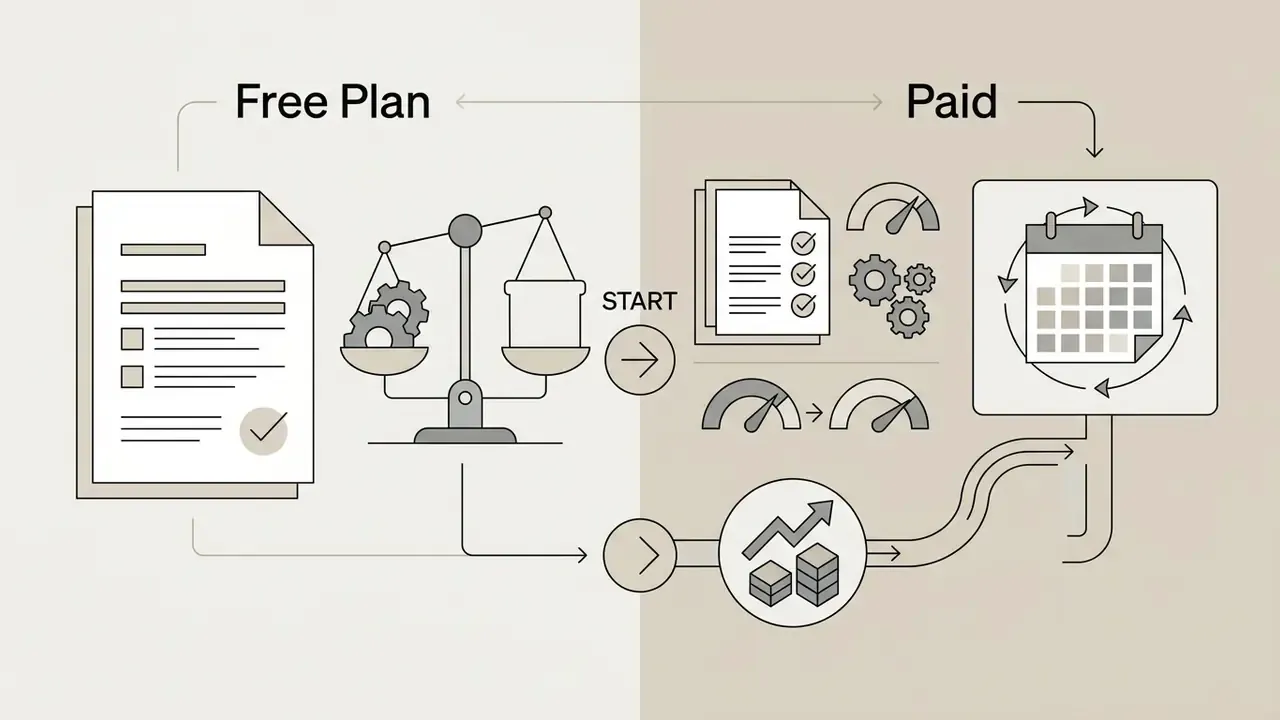 Balance scale and document icons transitioning through a process to paid subscription features
