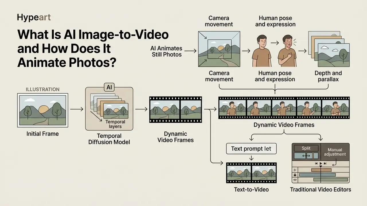 Infographic showing how a temporal diffusion model converts a static initial frame into dynamic video