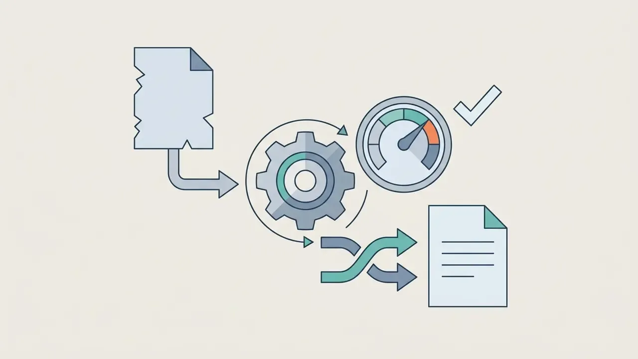 Document being processed through a gear and gauge mechanism to produce a revised report