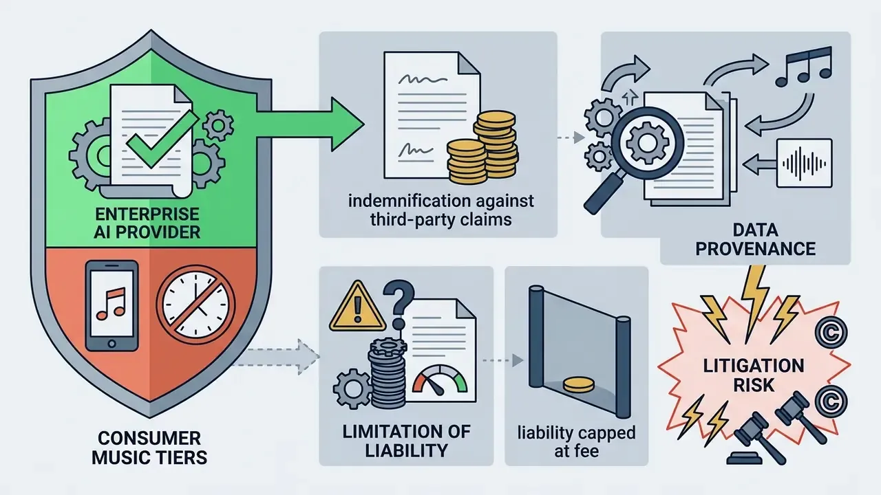 Shield icons contrasting enterprise indemnification against consumer music tier liability and legal risks