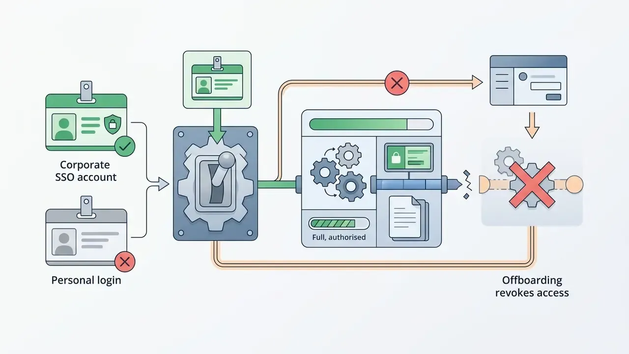 Switch mechanism directing corporate SSO logins into a secure system while blocking personal account access