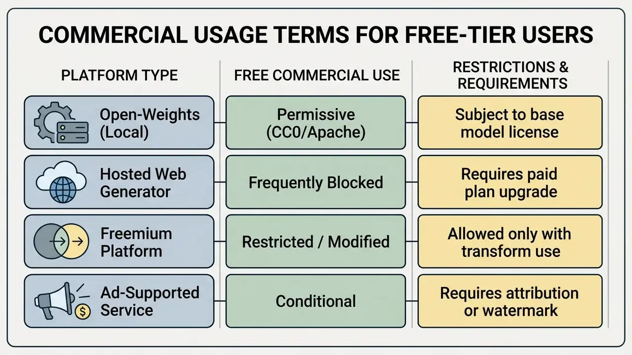 Comparison table outlining commercial usage rights and restrictions for four different platform types