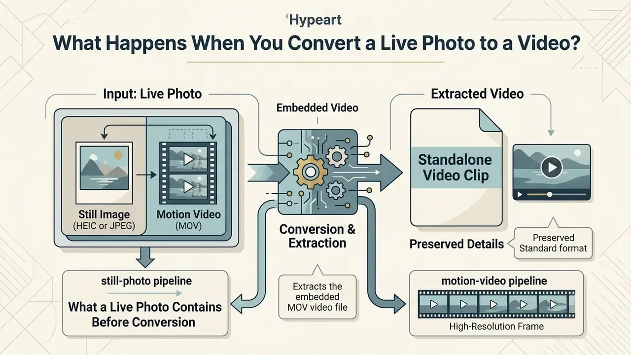 Diagram illustrating how a Live Photo splits into a standalone video clip and a still image