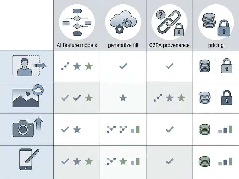 Grid layout matching Android editing tasks to AI model types, generative fill, C2PA data, and pricing