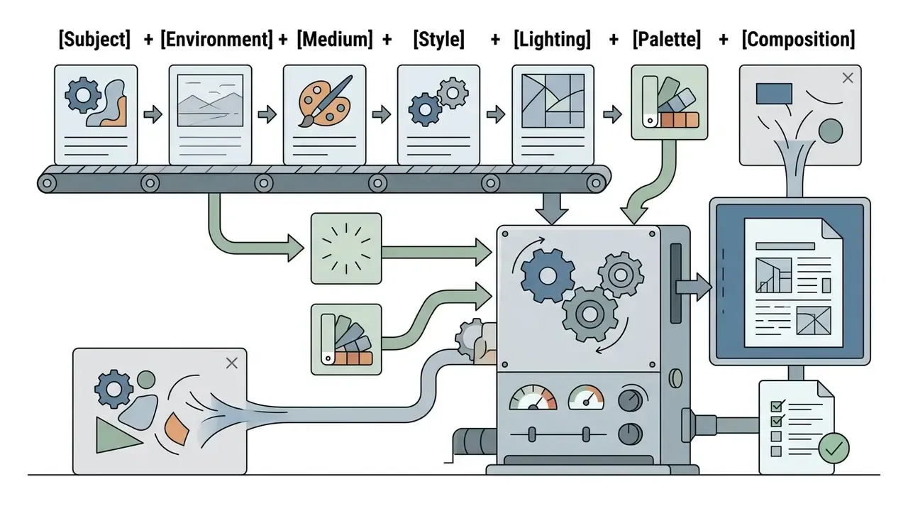 Conveyor belt moving prompt components into a mechanical processor that outputs a formatted document