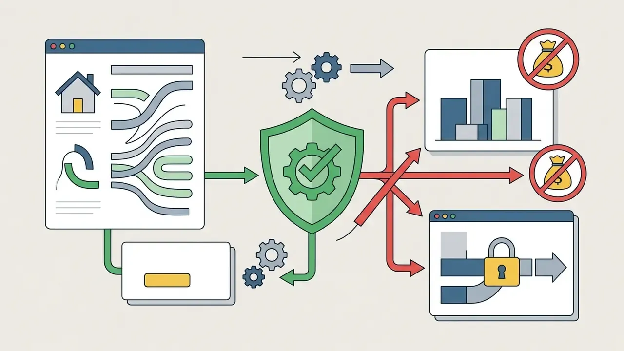 Shield icon with a gear and checkmark directing data flow toward restricted commercial symbols and a locked gate