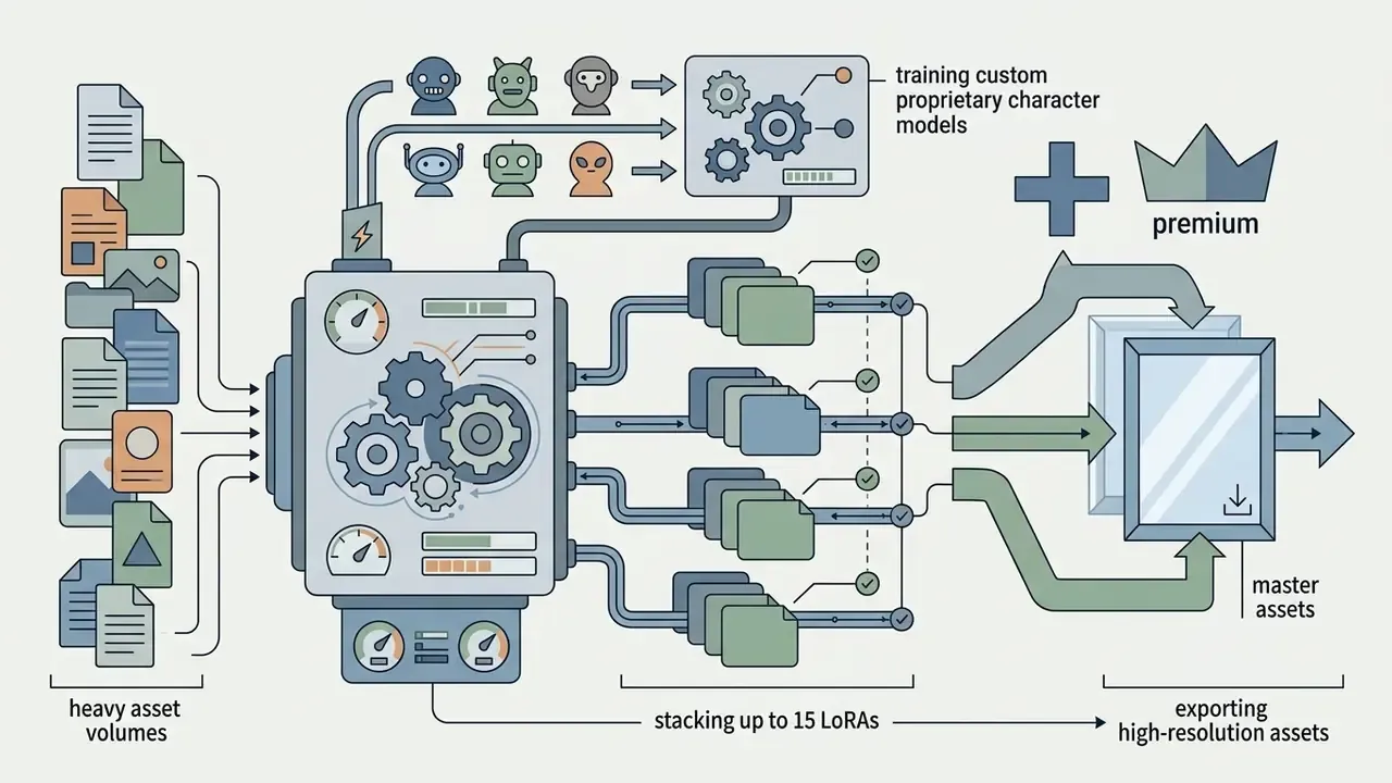 Central machine processing heavy asset volumes and LoRA layers to export high-resolution master assets