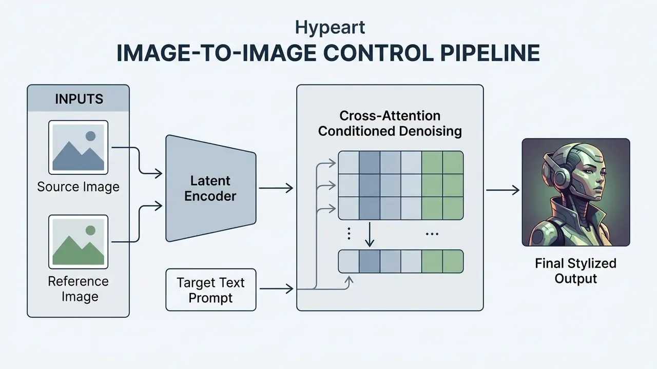 Diagram showing how source and reference images combine with text prompts to generate stylized AI art