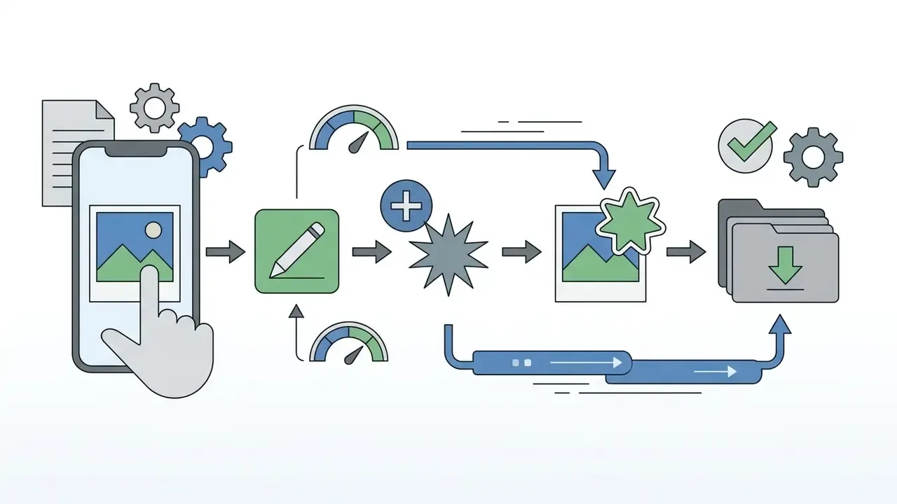 Process flow showing a user selecting a photo on an iPhone to add a sticker and save it to a library