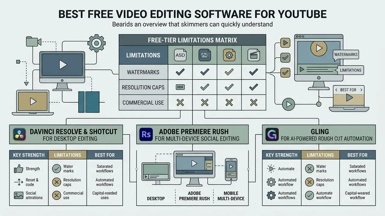 Comparison matrix of free video editing software features, limitations, and use cases for YouTube creators