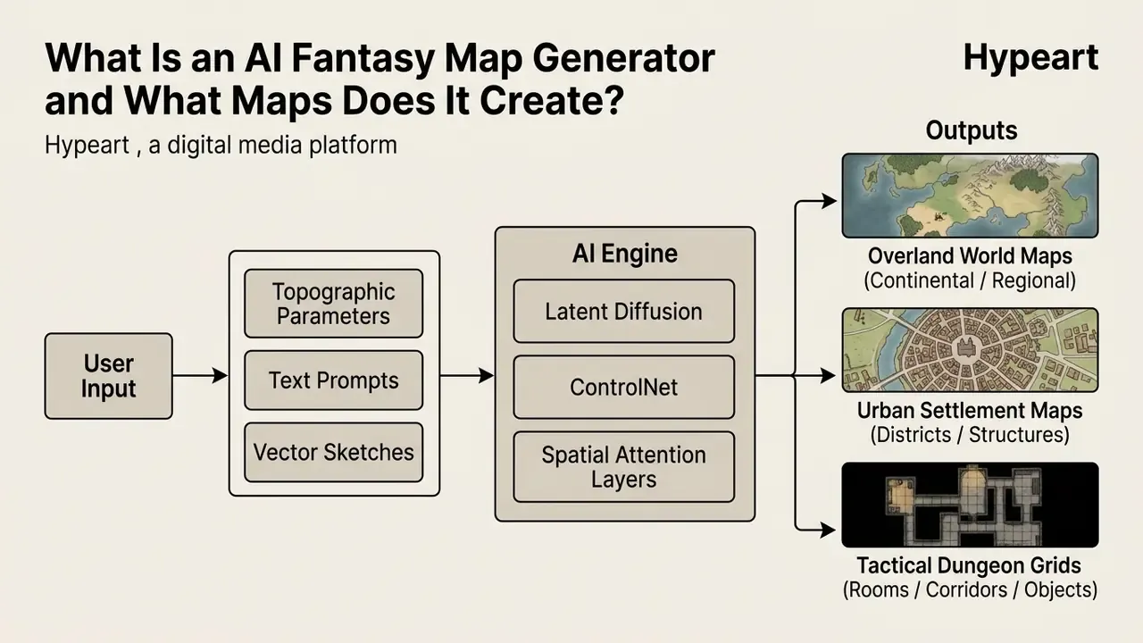 Flowchart showing user inputs processing through an AI engine to create world, city, and dungeon maps