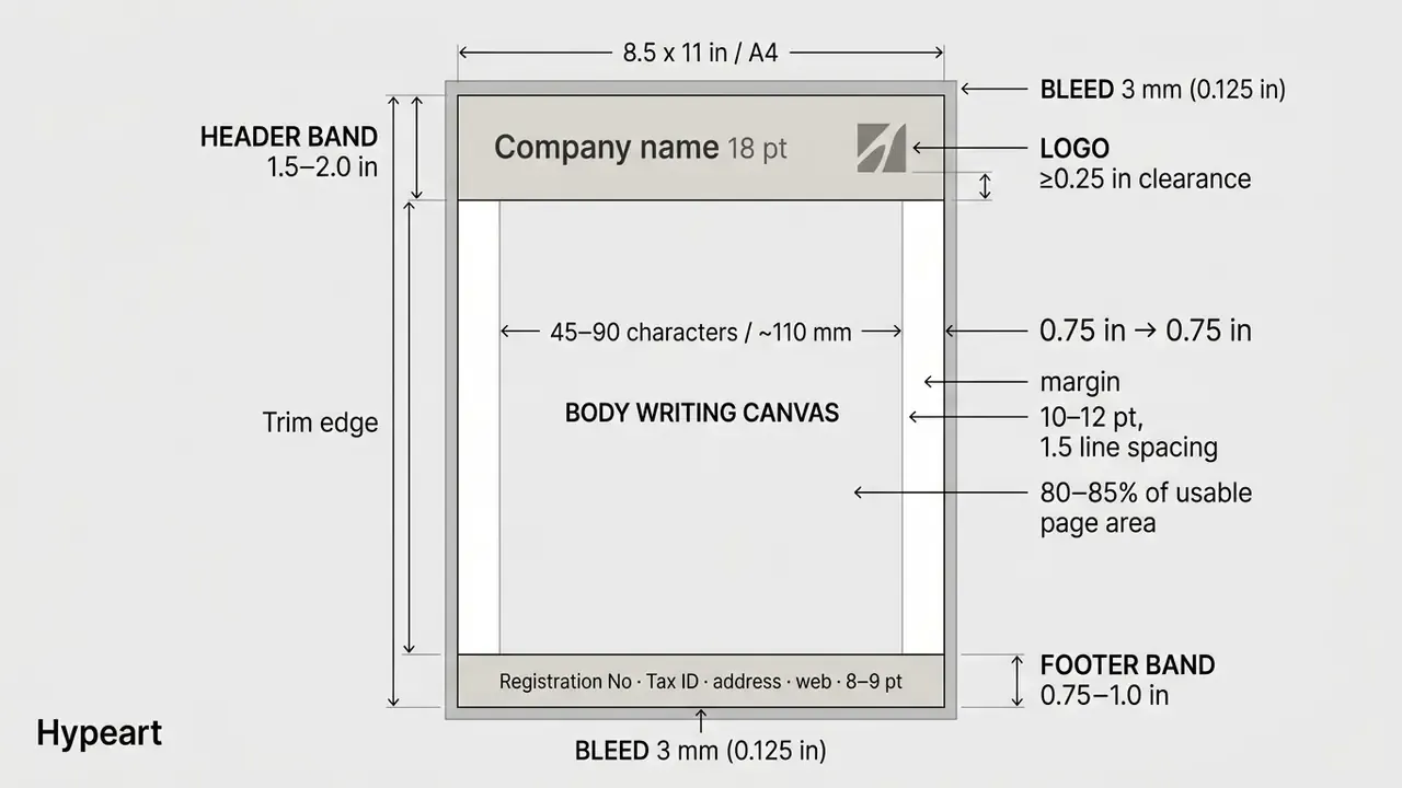 Technical diagram detailing standard measurements and margins for a professional letterhead design