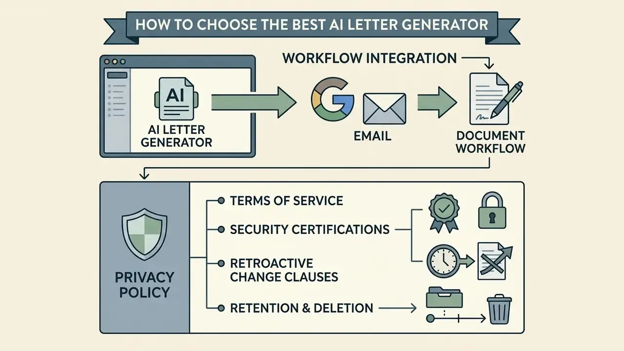 Diagram linking automated writing tools to email workflows and privacy policy compliance checkpoints