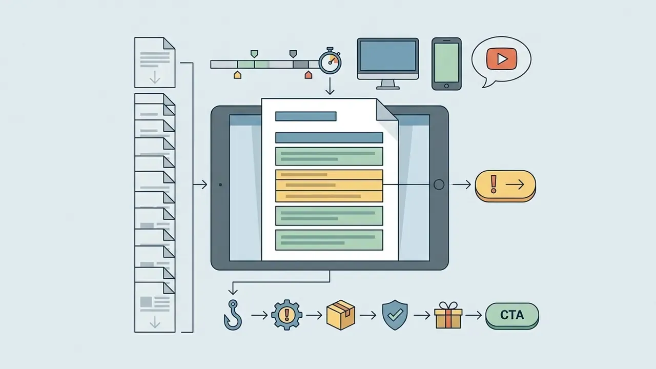 Tablet displaying a structured document connected to media icons and a narrative beat sequence