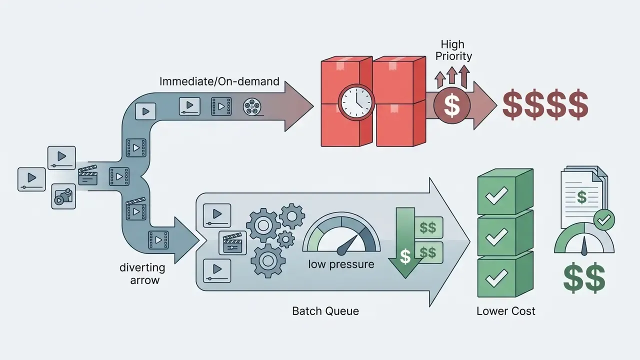 Visual representation of video tasks splitting into high cost on-demand and low cost batch queue paths