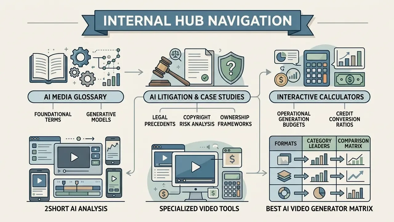 Layout of navigation icons and labels for AI resources including glossaries, legal cases, and calculators