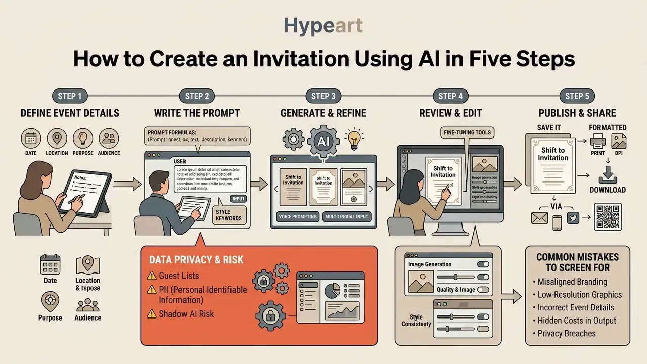 Five-step infographic outlining the workflow from event planning to digital invitation distribution