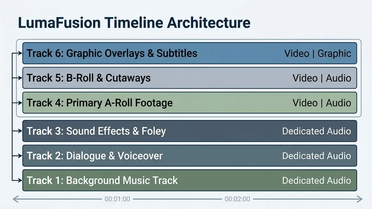 Diagram showing the six-track layered timeline structure used for video editing in LumaFusion