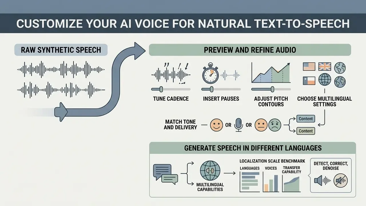 Infographic showing the process of refining raw synthetic speech through cadence, pitch, and localization