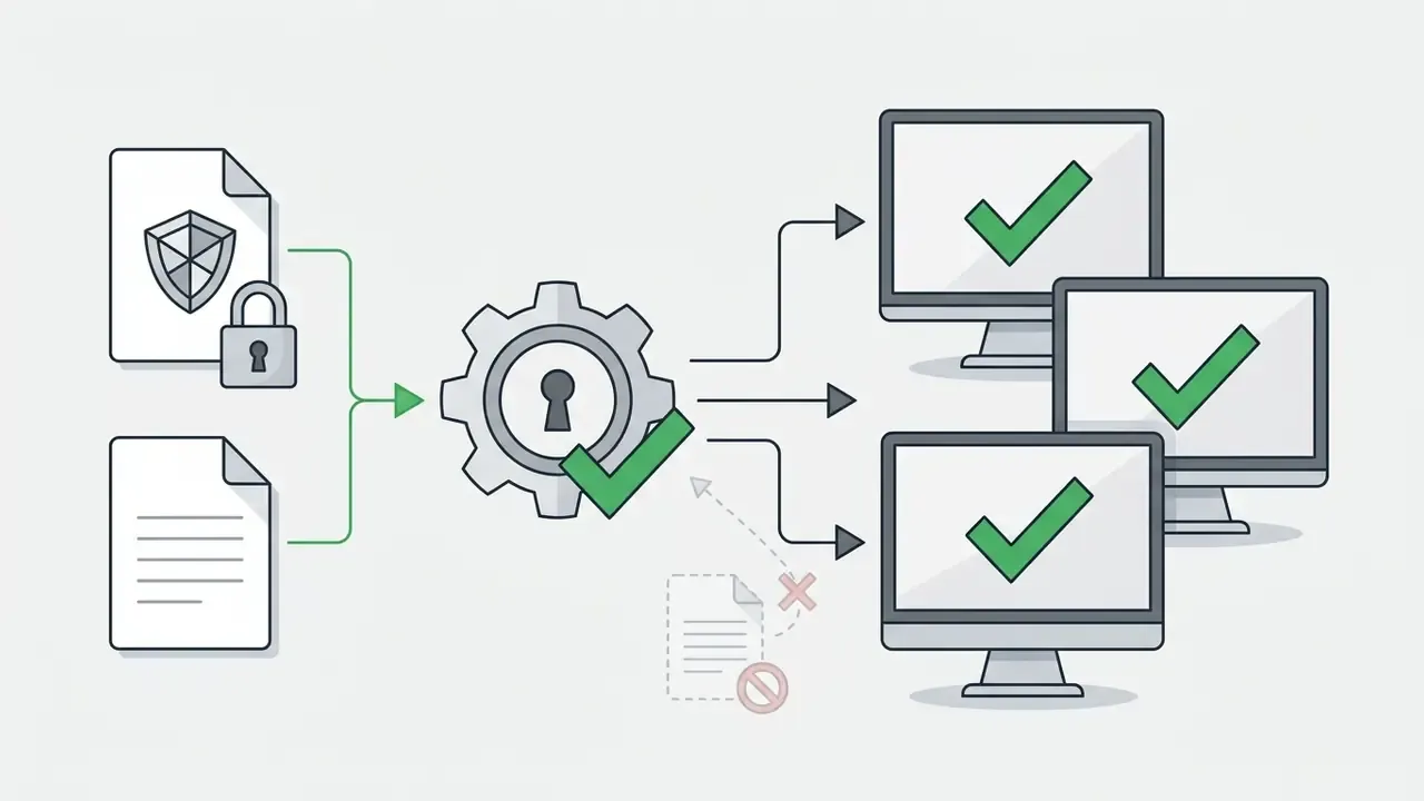 Secure files processed through a central gear mechanism to update multiple computers with green checkmarks