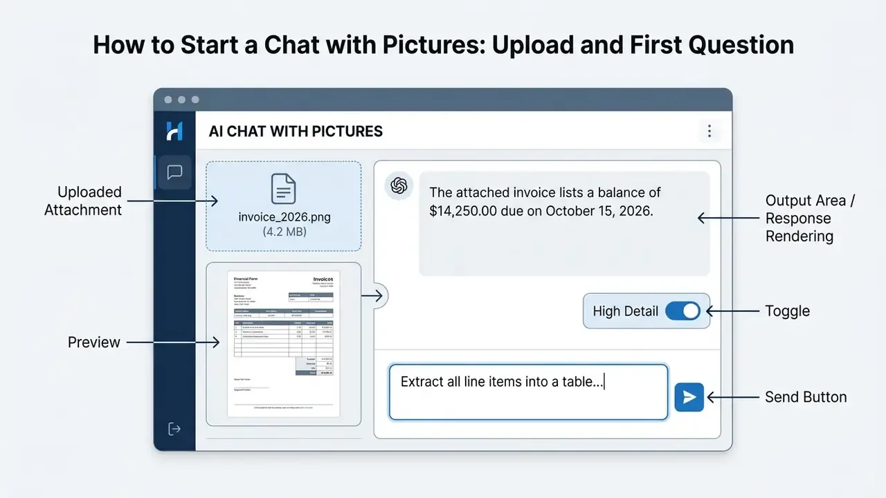 Annotated interface showing an uploaded invoice file, a preview, and a prompt for AI chat with pictures