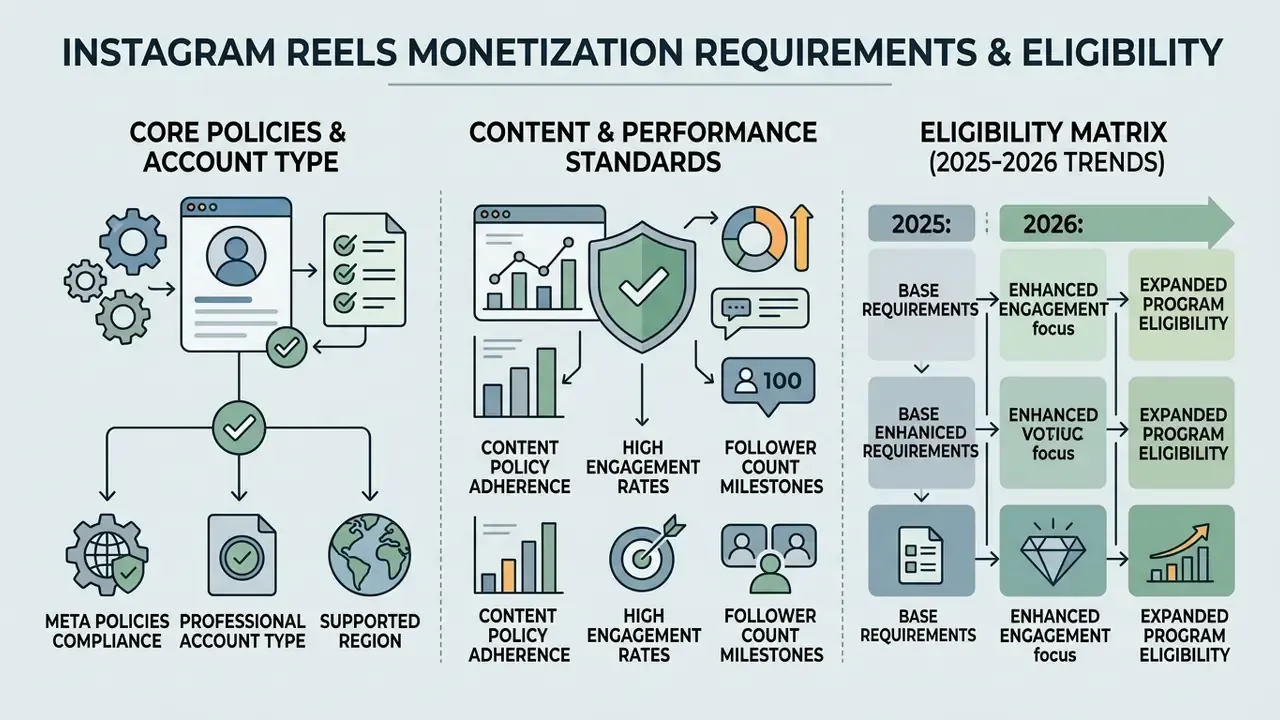 Flowchart outlining account policies, performance standards, and an eligibility matrix for creators