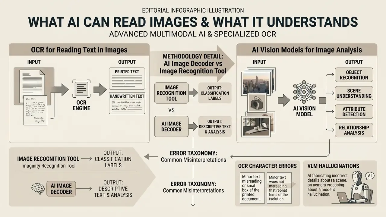 Infographic comparing OCR text extraction processes with AI vision model image analysis and common errors