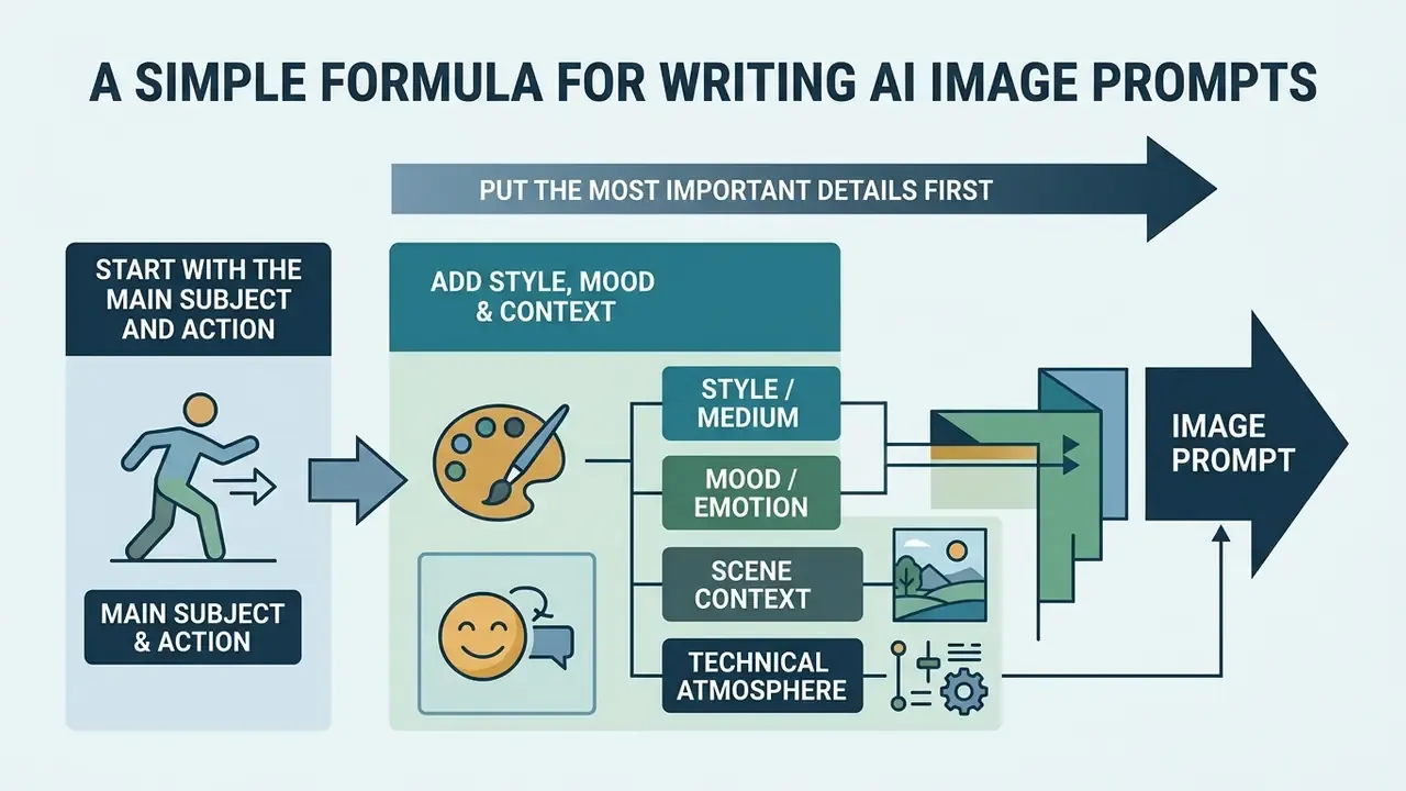 Step-by-step diagram showing how to build an AI image prompt by layering subject, style, and context