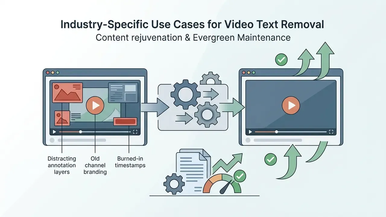 Video player interface showing cluttered content being processed through gears into a clean version