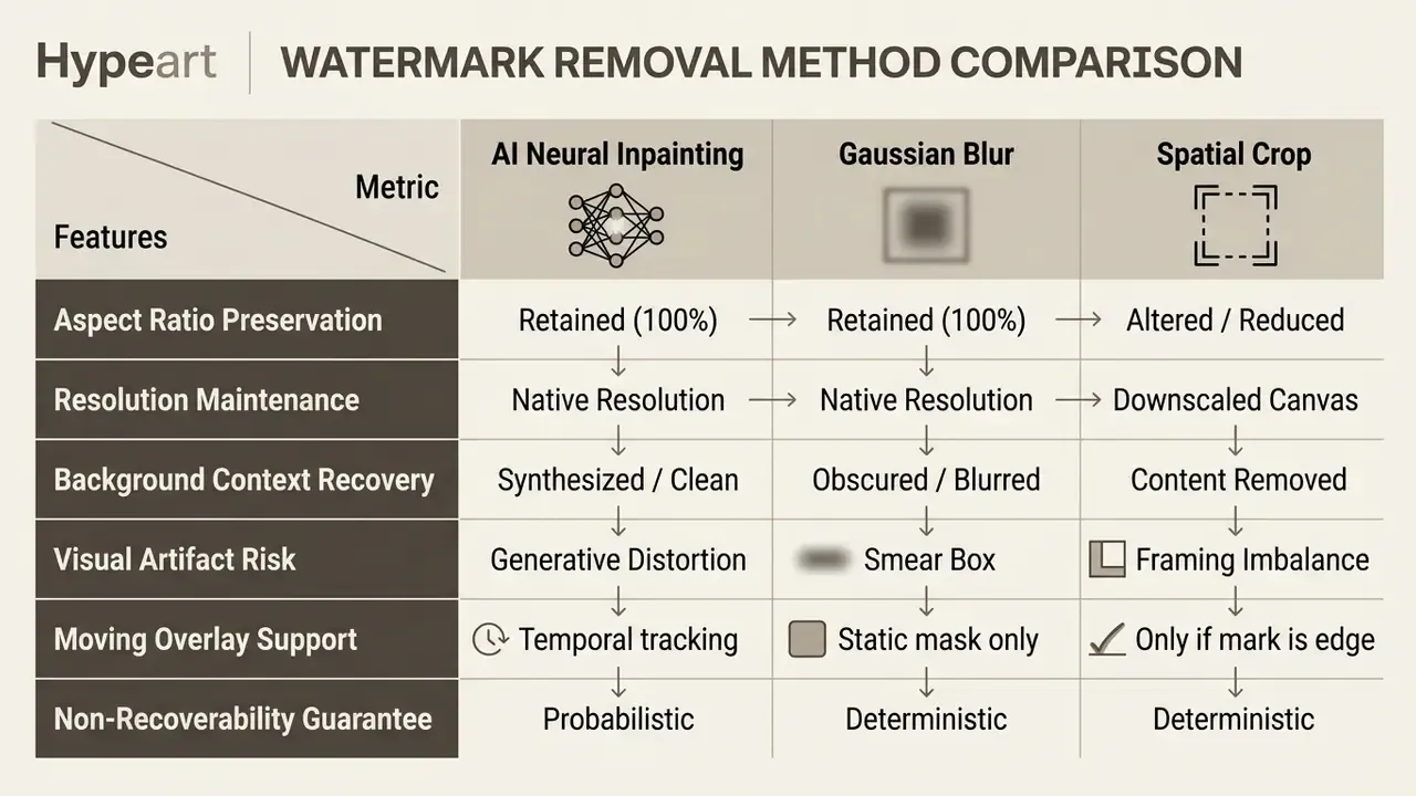 Table evaluating AI neural inpainting, Gaussian blur, and spatial crop techniques for watermark removal