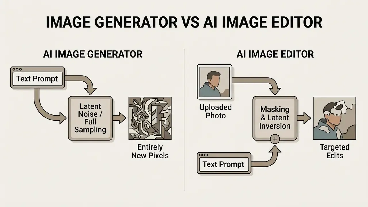 Flowchart comparing the process of an AI image generator creating new pixels versus an AI edit image tool