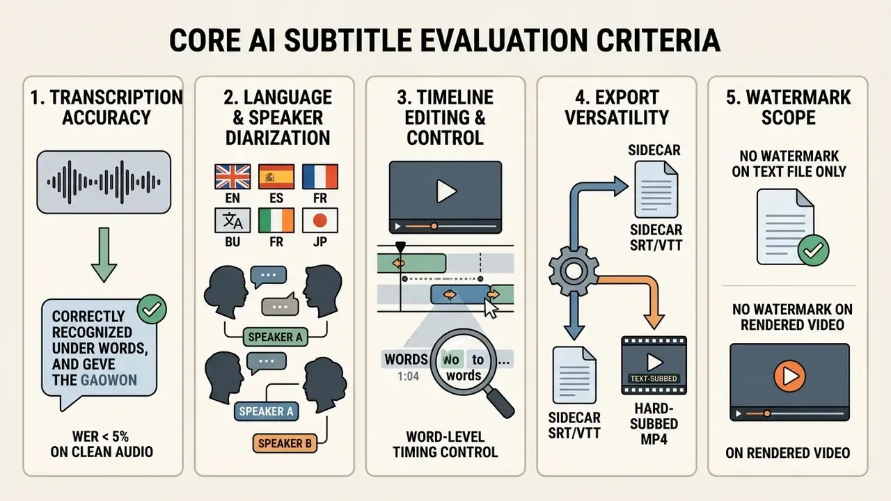 Five columns detailing criteria for evaluating AI tools to add subtitles to video online
