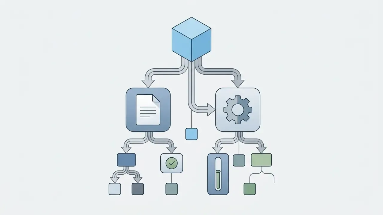 Hierarchical tree structure showing data branching from a central cube into documents and settings