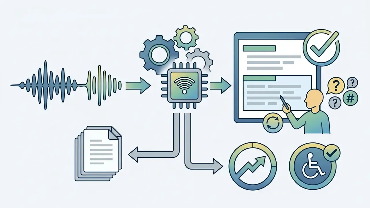 Audio waveform processing through a digital chip into text documents and accessibility metrics