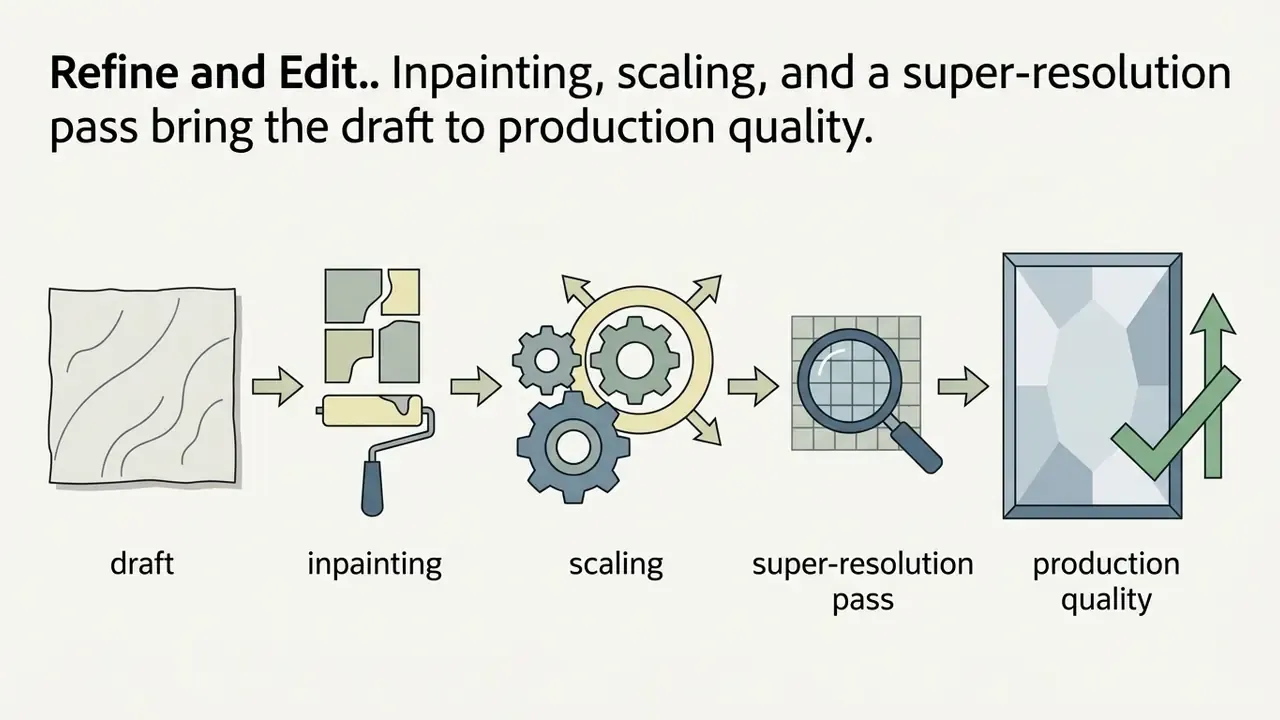 Sequential icons showing a draft being inpainted, scaled, and magnified to reach production quality
