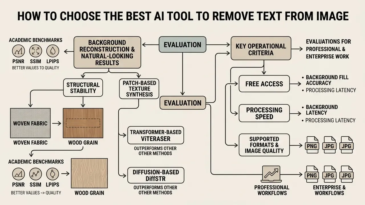 Decision tree mapping technical benchmarks and operational criteria for selecting an AI text removal tool