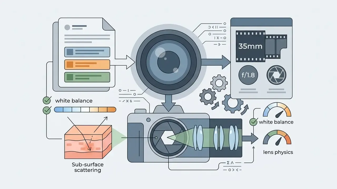Camera lens and sensor components linked to sub-surface scattering and light physics control gauges