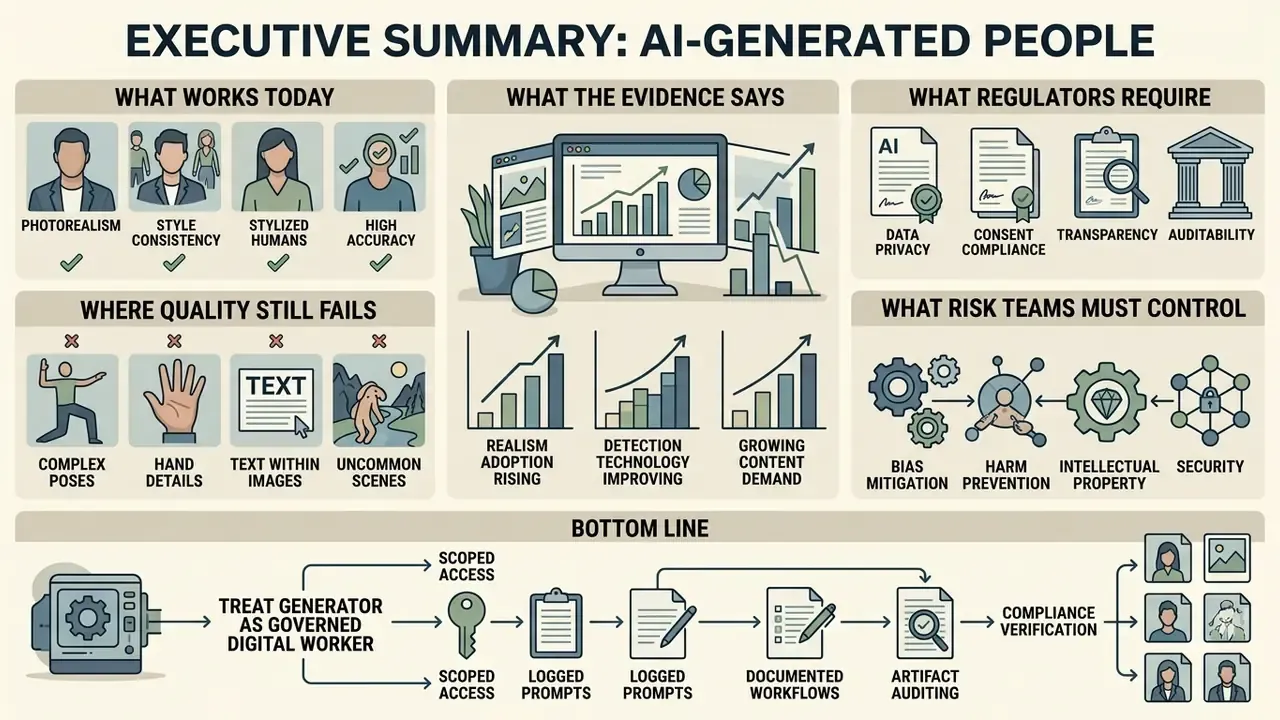 Infographic summarizing the status, risks, and governance requirements for AI-generated people