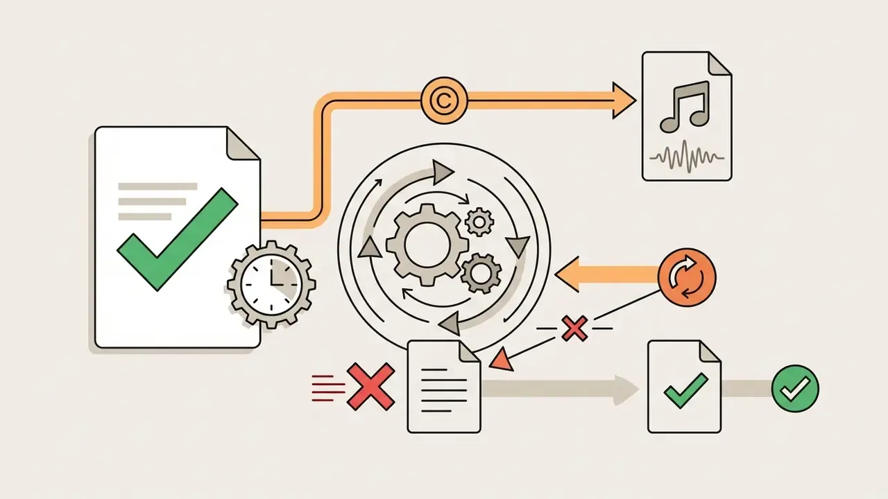 Process showing how active plan status and timing impact copyright and commercial rights for AI music