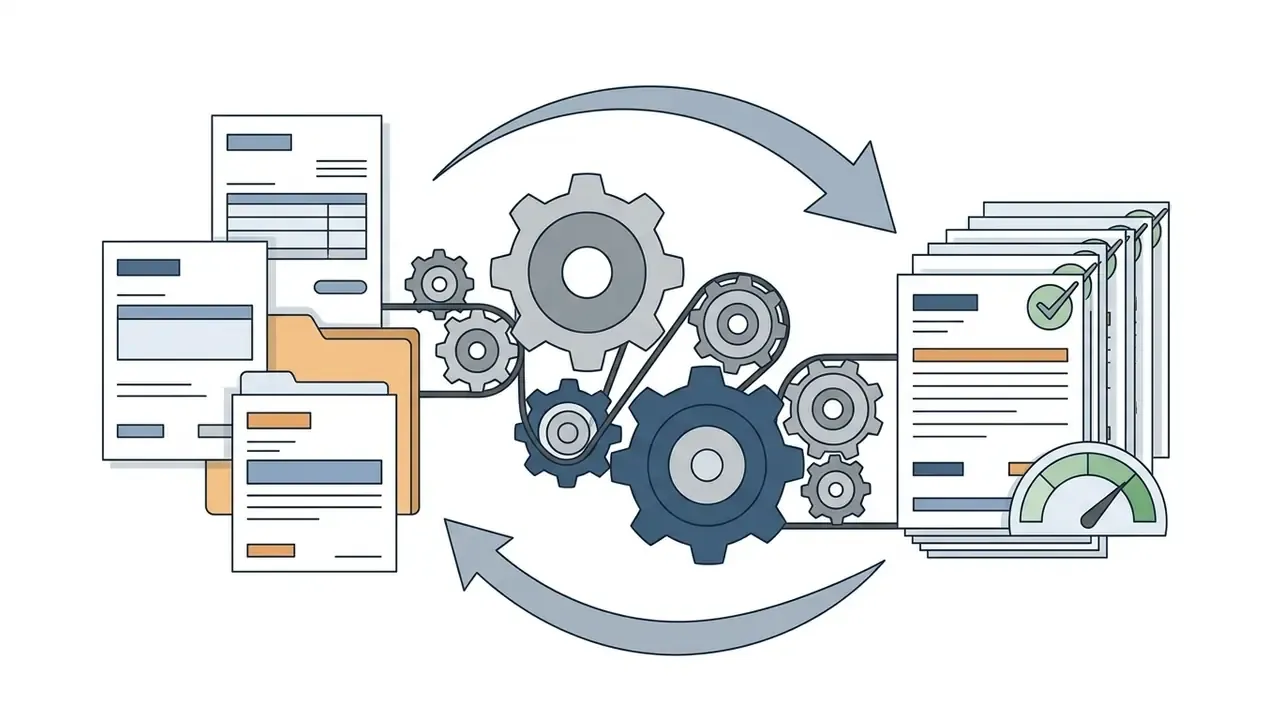 Documents and folders feeding into a gear mechanism that outputs processed files with status indicators