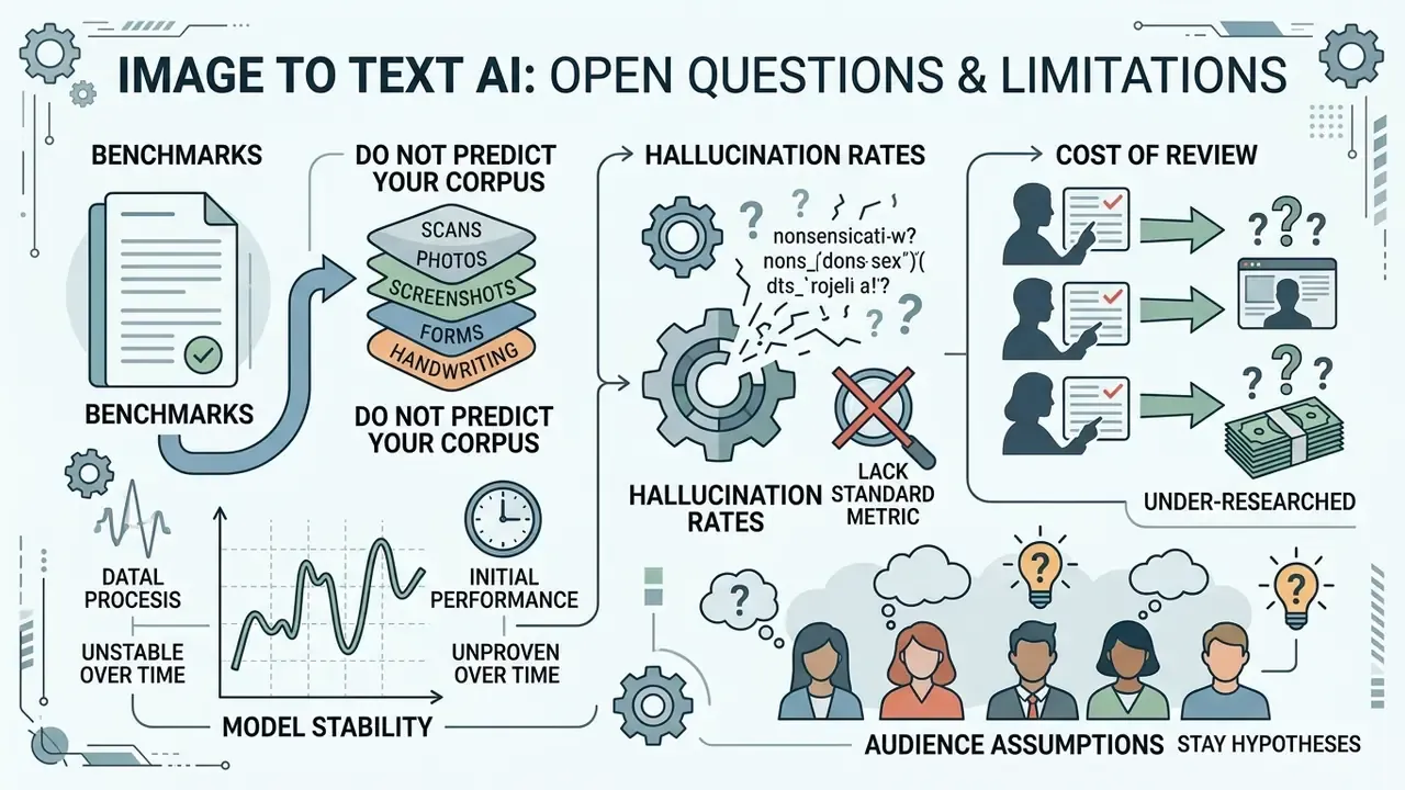 Infographic outlining five unresolved challenges regarding benchmarks, stability, hallucinations, and costs