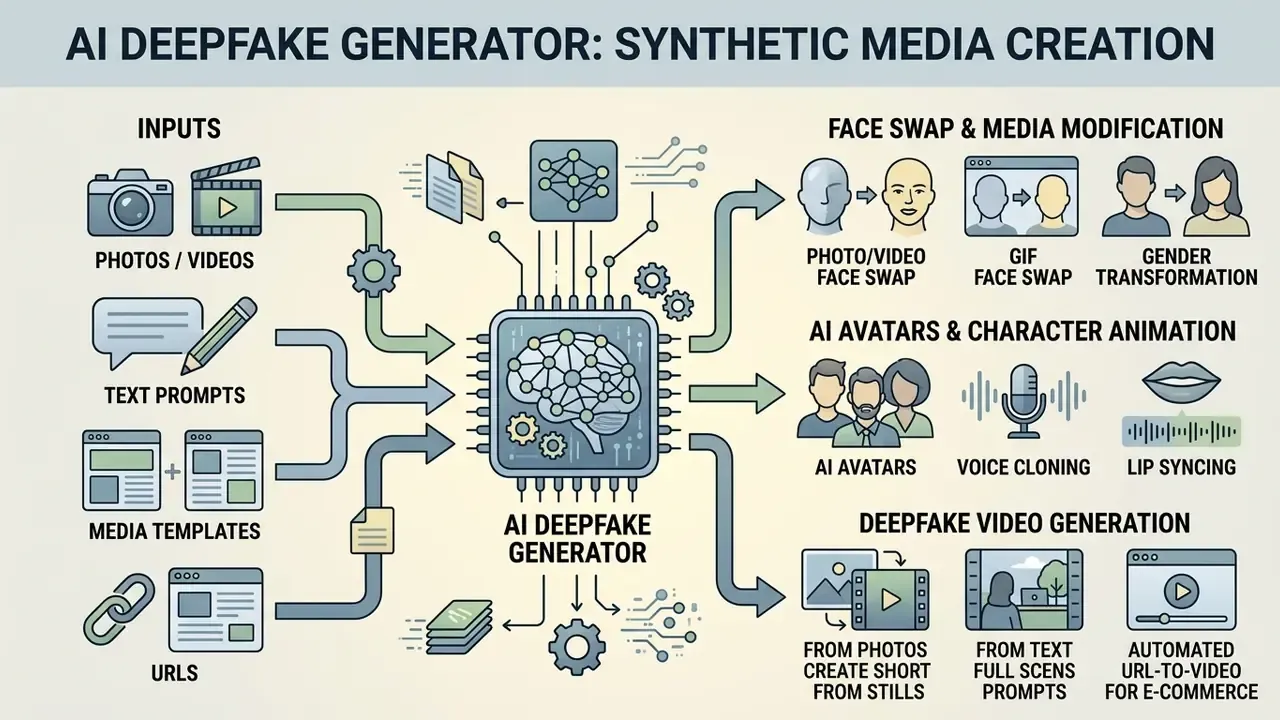 Flowchart showing inputs like text and photos transforming into synthetic media via a central AI processor