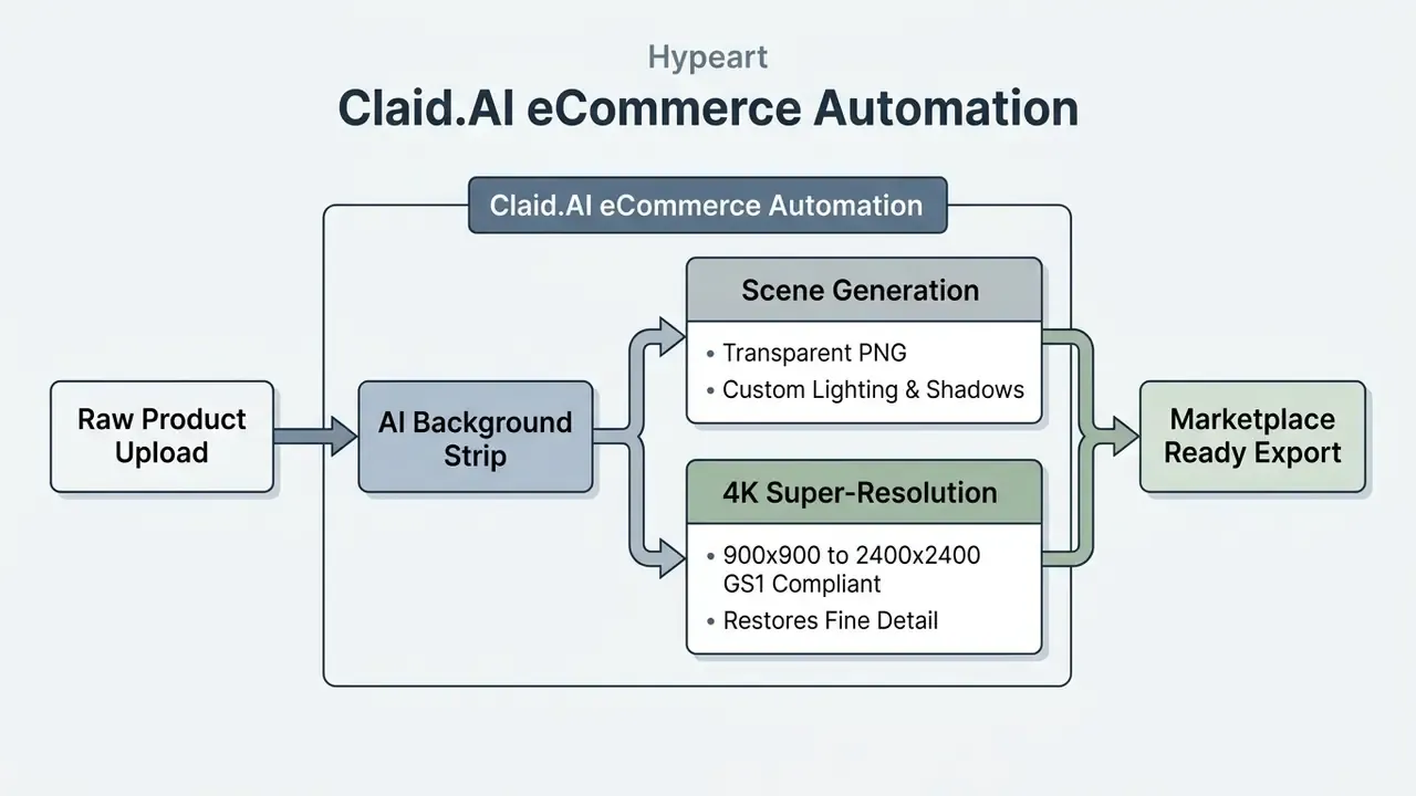 Workflow diagram showing product image processing from raw upload to background removal and enhancement