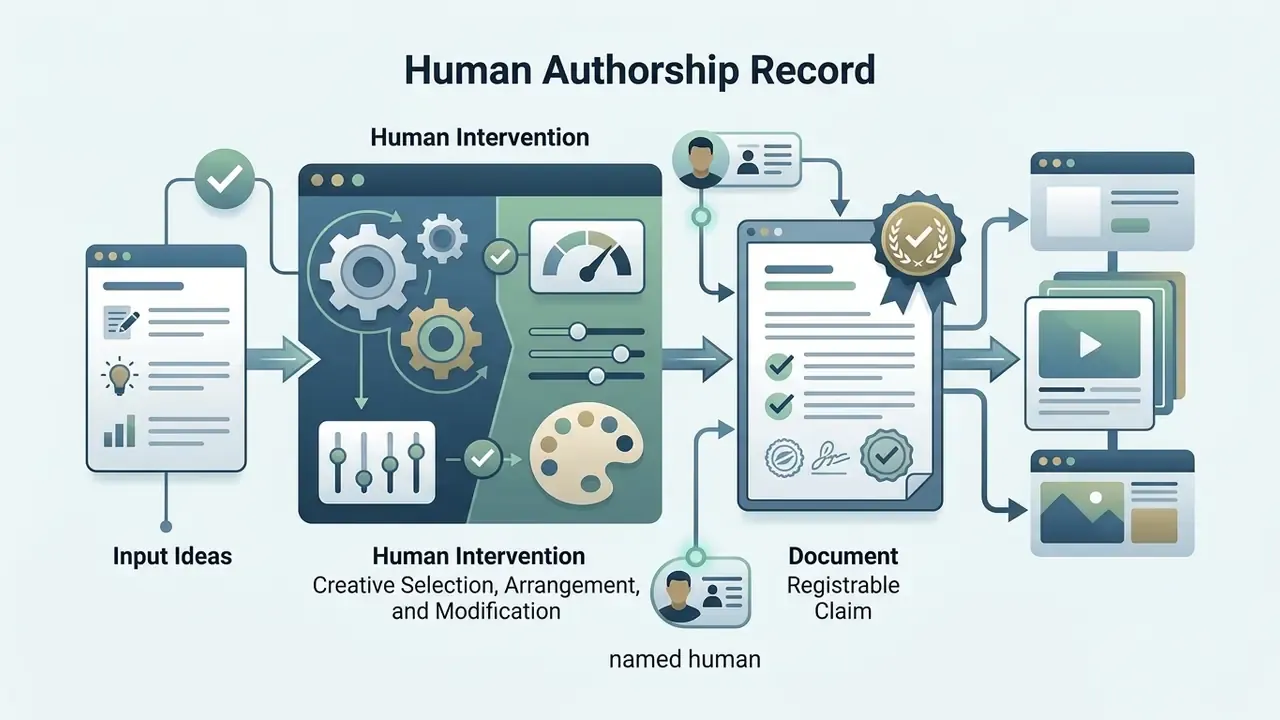 Workflow showing human input and creative intervention leading to a documented registrable claim for media